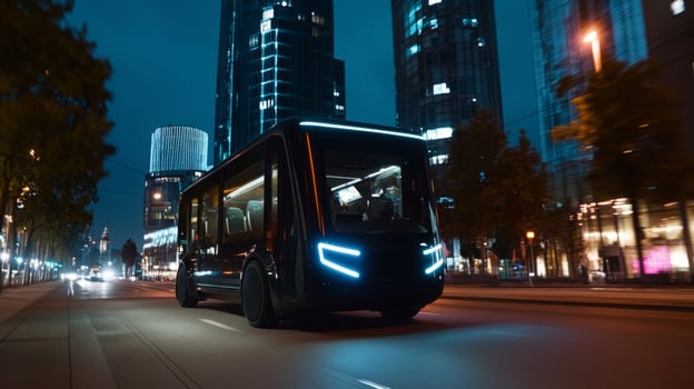 Futuristic electric bus traveling in a modern city at night with illuminated buildings and vibrant urban atmosphere photo