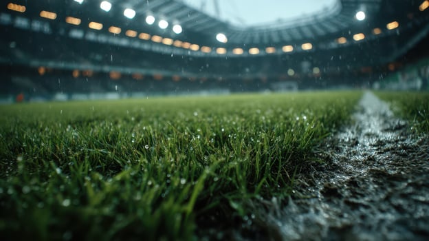 Rain falls on the lush green grass of a stadium as fans await the start of the match under cloudy skies photo