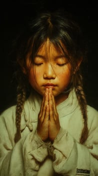 Child in a peaceful prayer pose with closed eyes, illuminated by soft light in a dark setting, conveying tranquility and devotion photo