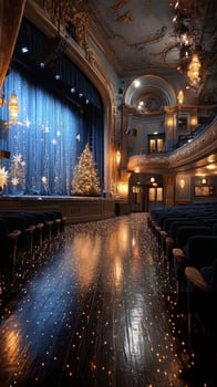 Elegant theater interior decorated for the holiday season with lights and a Christmas tree photo