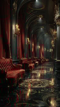Luxurious interior featuring ornate decor, velvet seating, and elegant lighting in a dimly lit hall photo