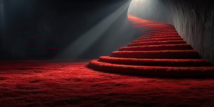 Stunning red carpeted stairs illuminated by soft light in a dramatic, darkened space photo