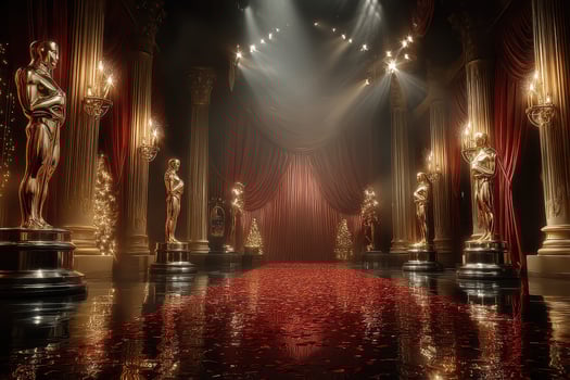 Golden statues decorate an elegant hallway during a glamorous awards ceremony event in a lavish venue photo
