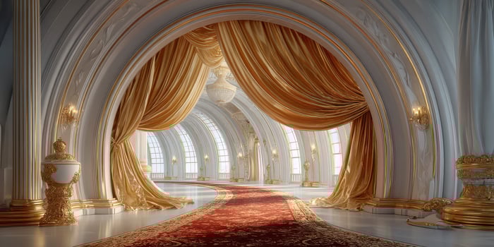 Elegant hall with golden drapes and intricate architectural details during daylight hours photo
