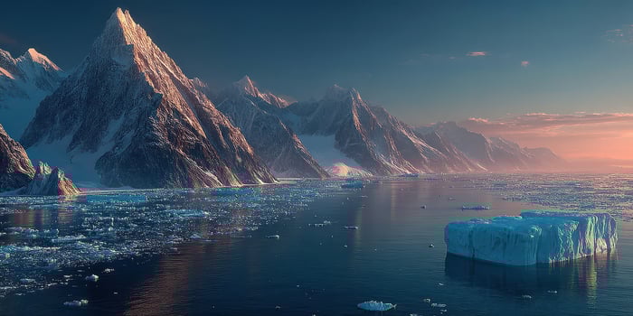 Majestic icy mountains reflect in calm waters at dusk in a remote Arctic landscape photo