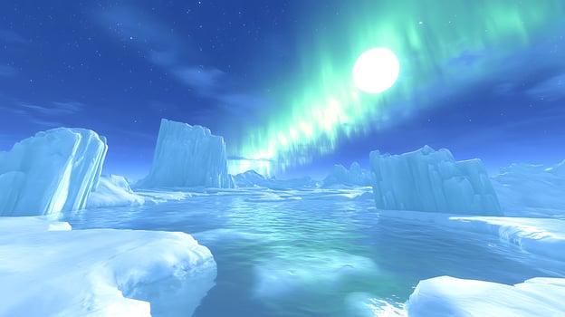 Majestic Aurora Borealis Over Arctic Icebergs and Frozen Sea Under Moonlight photo