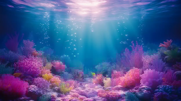 Vibrant Coral Reef with Sunlight Beams Under Turquoise Ocean Waters photo