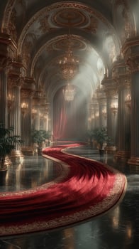 Luxurious ballroom with ornate chandeliers and elegant red carpet winding through grand columns photo