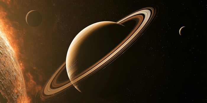 Saturn with stunning rings and surrounding celestial bodies captured in space photo