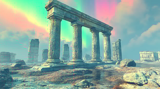 Ancient Ruins Beneath Vibrant Auroras in a Mystical Landscape photo