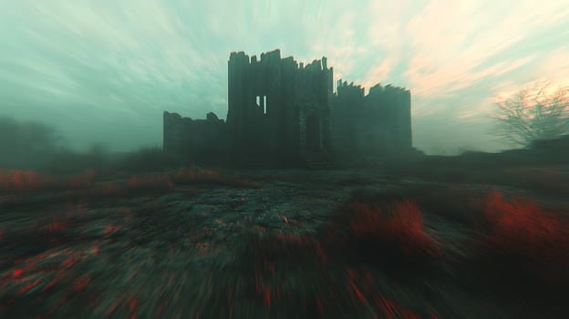 Abandoned Castle Ruin with Foggy Haunted Atmosphere and Dramatic Sky photo