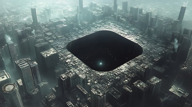 Futuristic Cityscape with a Central Abyss Surrounded by Skyscrapers photo