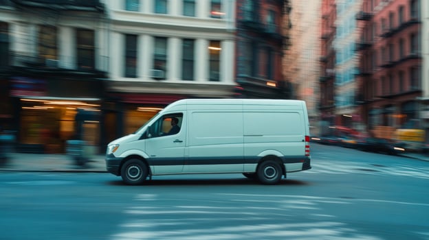 Delivery van navigates busy city streets during early morning rush hour photo