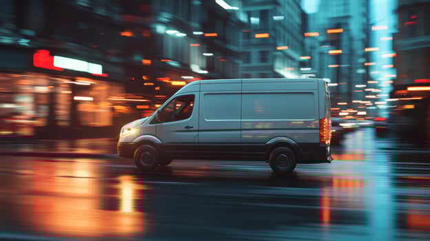 Delivery van drives through a bustling urban street at night with blurred city lights illuminating the scene photo