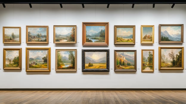 Gallery interior showcasing a collection of landscape paintings featuring serene natural scenes and varying color palettes photo