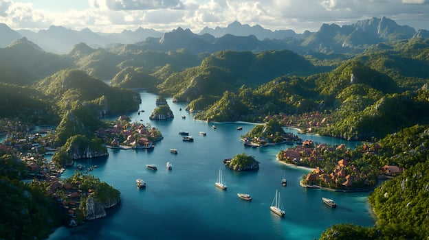 Scenic Tropical Lagoon With Boats and Villas Surrounded by Lush Green Hills photo