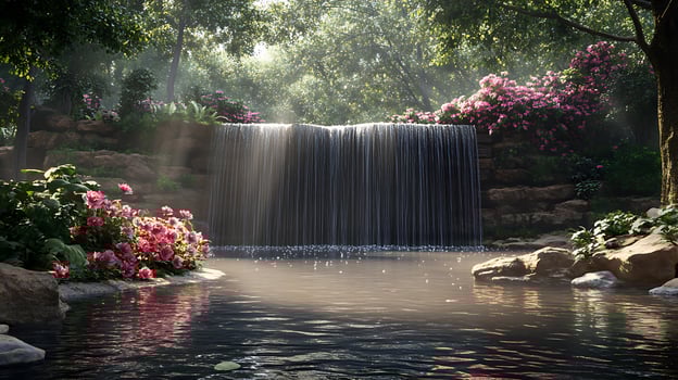 Serene Woodland Pond with Waterfall and Blossoming Flowers Under Soft Sunlight photo