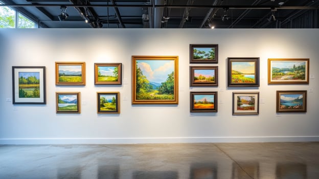 Vibrant landscape paintings displayed on a gallery wall in a contemporary art space during a sunny afternoon photo