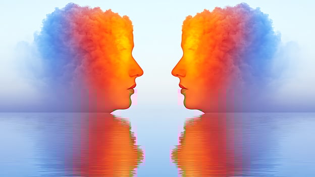 Artistic Concept of Two Faces Emerging from Vibrant Clouds Over Water Reflection photo
