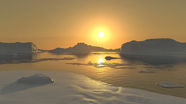 Arctic Landscape with Sunlit Icebergs and Reflective Ocean Waters photo