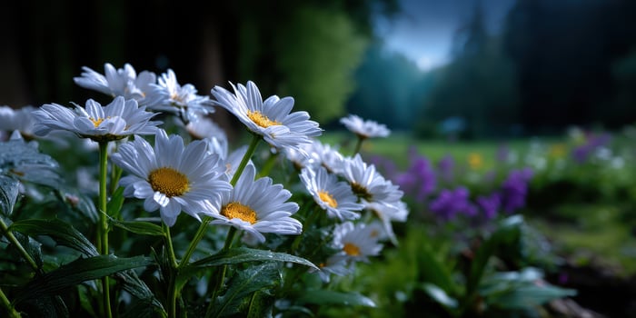 Daisies bloom amidst lush greenery on a misty morning in a tranquil garden setting photo