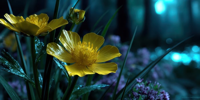 Bright yellow flowers bloom in a misty forest under soft blue light during early morning hours photo
