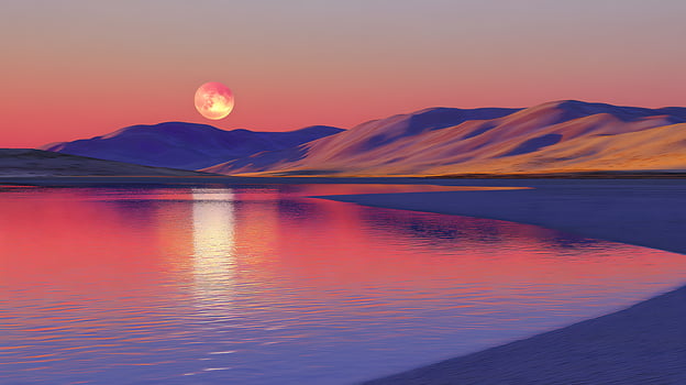 Scenic Full Moon Reflection Over River and Vibrant Hills at Sunset photo