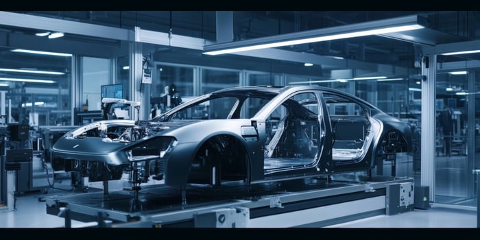 Sleek electric vehicle chassis displayed in a modern manufacturing facility during daytime hours photo