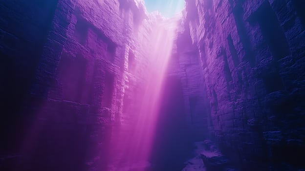 Majestic Stone Chamber Illuminated by Vibrant Purple and Blue Light Rays photo
