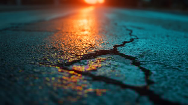Cracked pavement glistens under sunset light near urban street in late evening photo
