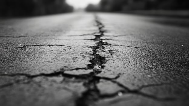 Cracked asphalt road in black and white showcasing wear and tear from environmental elements photo