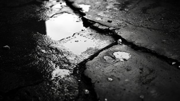Reflection of puddles on cracked pavement after rain creates a moody urban landscape photo