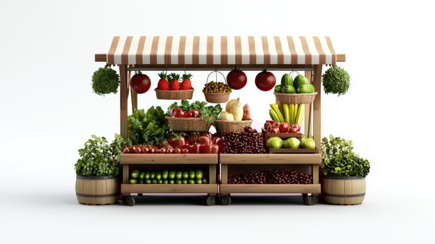 A fruit and vegetable stand with baskets of fruit and vegetables photo