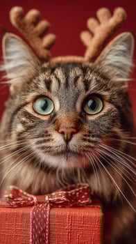 Festive cat with reindeer antlers poses with a red gift box during the holiday season photo
