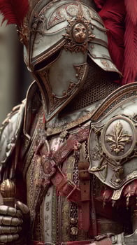 Intricate knight armor shines in historical reenactment, showcasing elaborate design and craftsmanship at medieval festival photo