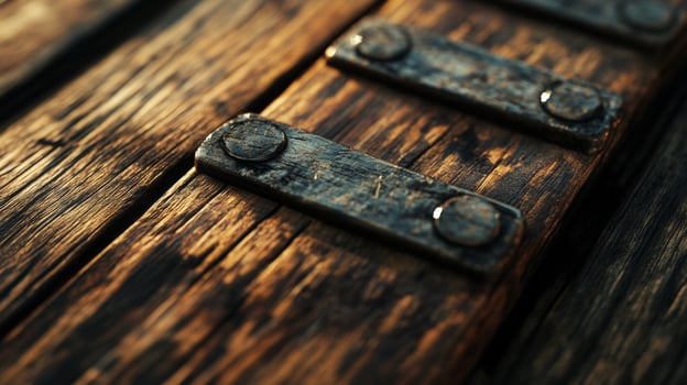 Close-up view of weathered wood and metal hardware in rustic outdoor setting photo