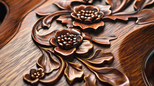 Detailed wooden carving of floral design on a guitar showcasing craftsmanship photo