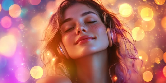 Young woman enjoys music with headphones in a colorful party atmosphere during a lively evening celebration photo