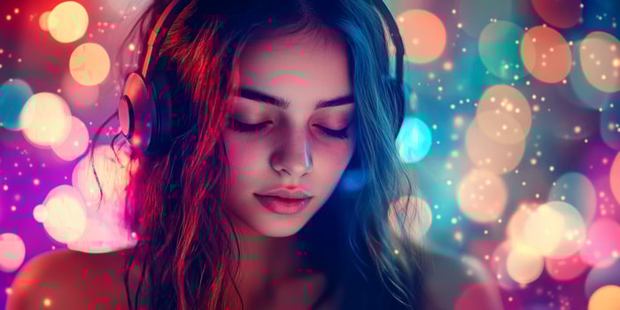 Young woman enjoying music with headphones amidst vibrant colorful lights at a nighttime event photo