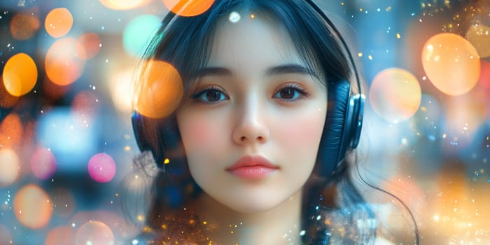 Young woman with headphones enjoys music in a vibrant urban setting illuminated by colorful lights at night photo