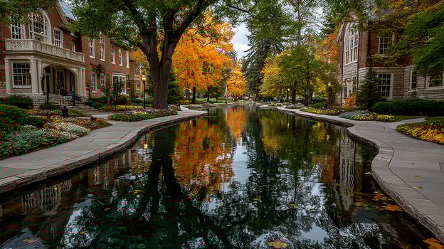 Beautiful autumn landscape with reflections in a serene waterway surrounded by trees and historic buildings photo
