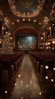 Elegant theater interior decorated for the holidays with festive trees and ambient lighting during a winter evening photo