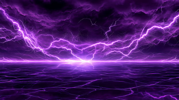 Spectacular Purple Lightning Storm Over Reflective Water Surface With Dramatic Skies photo