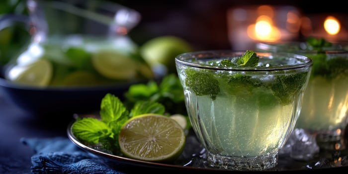 Refreshing lime and mint beverages on a dark table with glowing candles in the background at a cozy gathering photo