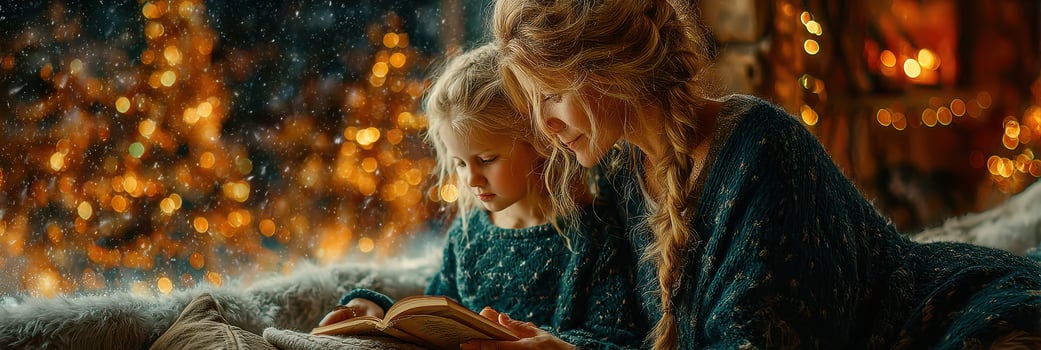 Mother and child reading together by the fireplace amidst a festive winter atmosphere with twinkling lights photo