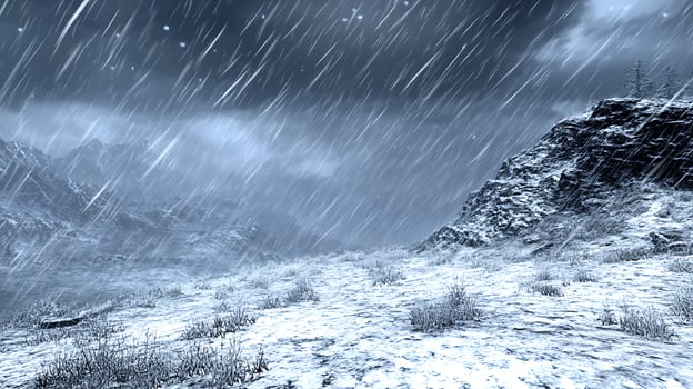 Heavy Snowfall in a Rural Mountain Landscape During Winter photo