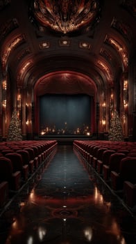 Elegant theater interior decorated for holiday season with Christmas trees and warm lighting photo
