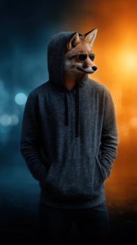 Stylish figure in a hoodie with a fox mask stands confidently against a vibrant two-tone background photo