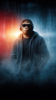 Monkey wearing sunglasses and headphones poses confidently in a stylized urban backdrop with dramatic lighting photo