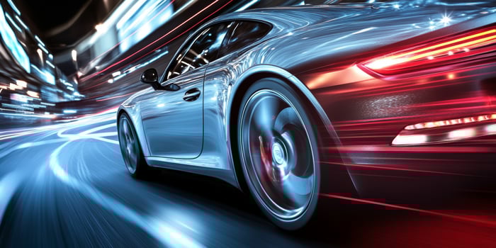 Fast-moving silver sports car captures the excitement of nighttime city driving with vibrant light trails photo